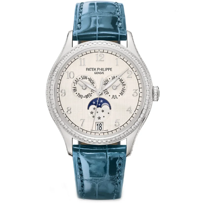 38mm Annual Calendar Moonphase 18k White Gold Diamond Bezel Silver Dial