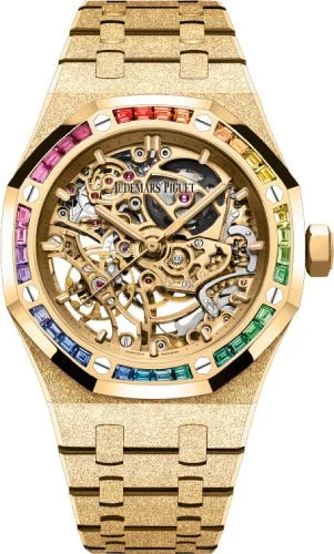 Audemars Piguet Royal Oak Frosted Gold Double Balance Wheel 37mm Openworked Rainbow Set Bezel | 15468BA.YG.1259BA.01-B