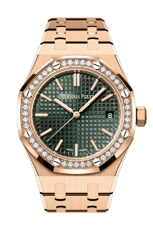 Audemars Piguet Royal Oak 37  Khaki Green Dial Rose Gold Diamond Bezel Watch 15551OR.ZZ.1356OR.06