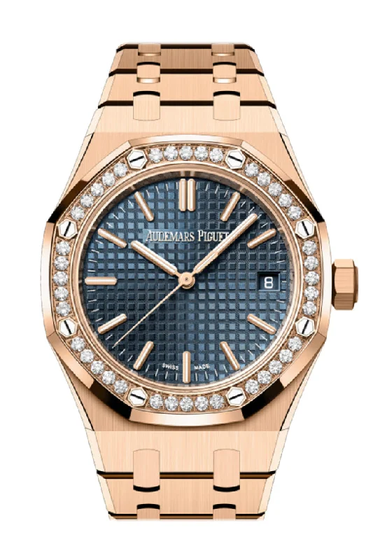 Audemars Piguet Royal Oak 37 Rose Gold Diamond Bezel Blue Dial  Watch 15551OR.ZZ.1356OR.05