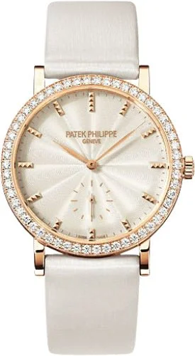 Patek Philippe Calatrava Ladies 31mm Cream Guillouche Diamond Bezel Rose Gold Leather Manual | 7120R-001