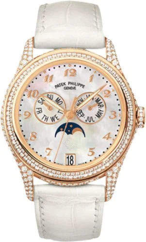 Patek Philippe Complications Ladies Annual Calendar Moon Phase 37mm White Mother of Pearl Arabic Rose Gold Diamond Set Leather Date | 4937R-001