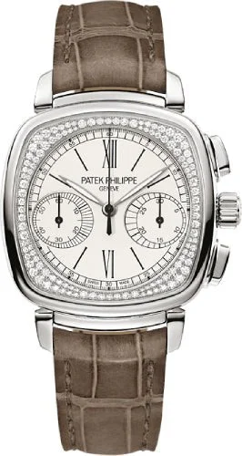 Patek Philippe Complications Ladies Chronograph 35 x 39mm Silver Opaline Roman White Gold Diamond Set Leather Manual | 7071G-001