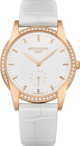 Patek Philippe Ladies Calatrava 33mm White Hobnail Index Diamond Bezel Rose Gold Leather - 7122-200R-001