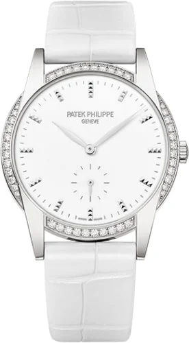 Patek Philippe Ladies Calatrava 33mm White Hobnail Index Diamond Bezel White Gold Leather - 7122-200G-001