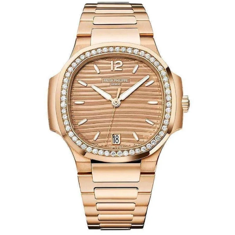 Patek Philippe Nautilus 35.2mm Diamond Bezel Golden Brown Dial Rose Gold Watch 7118/1200R-010 Box Papers