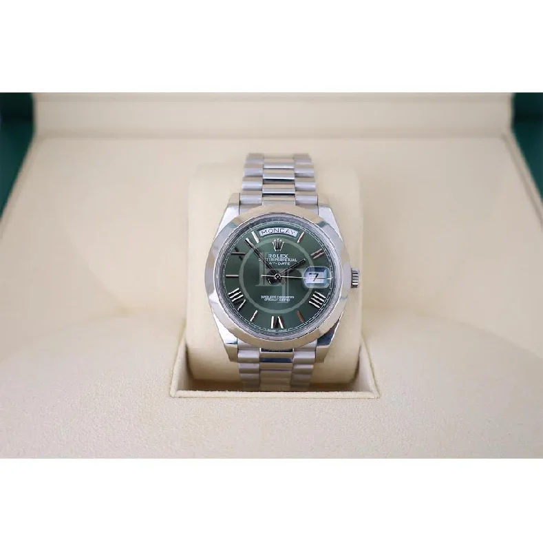 Rolex 950 Platinum Day-Date 40 Watch - Smooth Bezel - Olive Green Bevelled Roman Dial - President Bracelet - 228206 ogrp