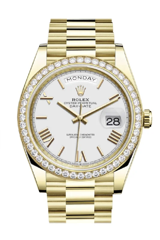 Rolex Day-Date 40 White Roman Dial Diamond Bezel 18K Yellow Gold President Automatic Men's Watch 228348