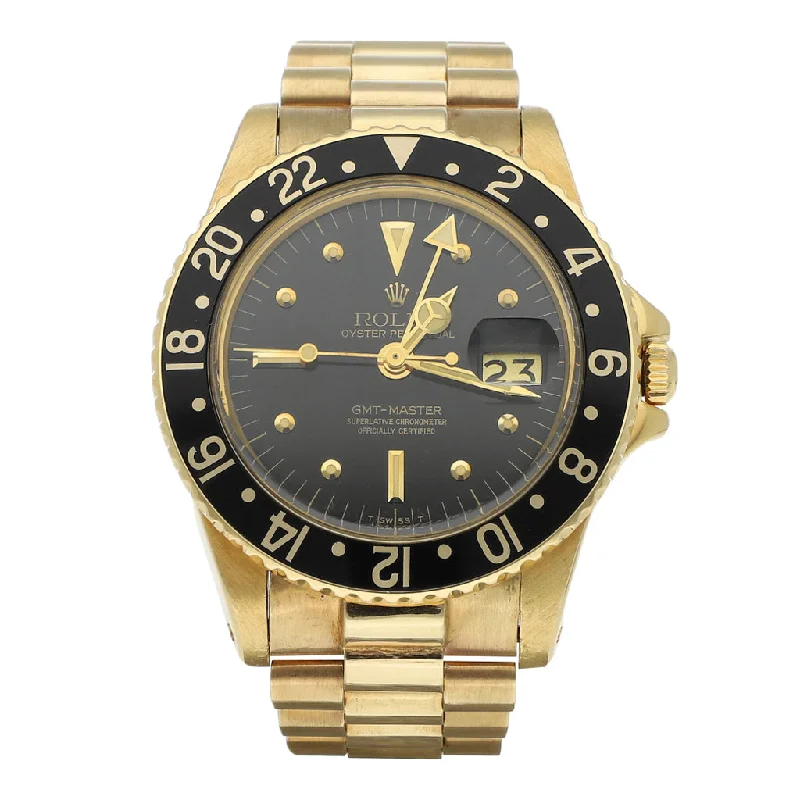 Reloj Rolex para caballero modelo Oyster Perpetual GMT Master en oro amarillo 18 kilates.